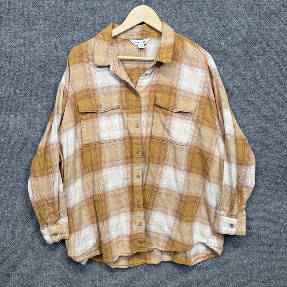 Old Navy Plus Size 2X The Boyfriend Shirt Tan Plaid Cotton Flannel Fall Cozy
